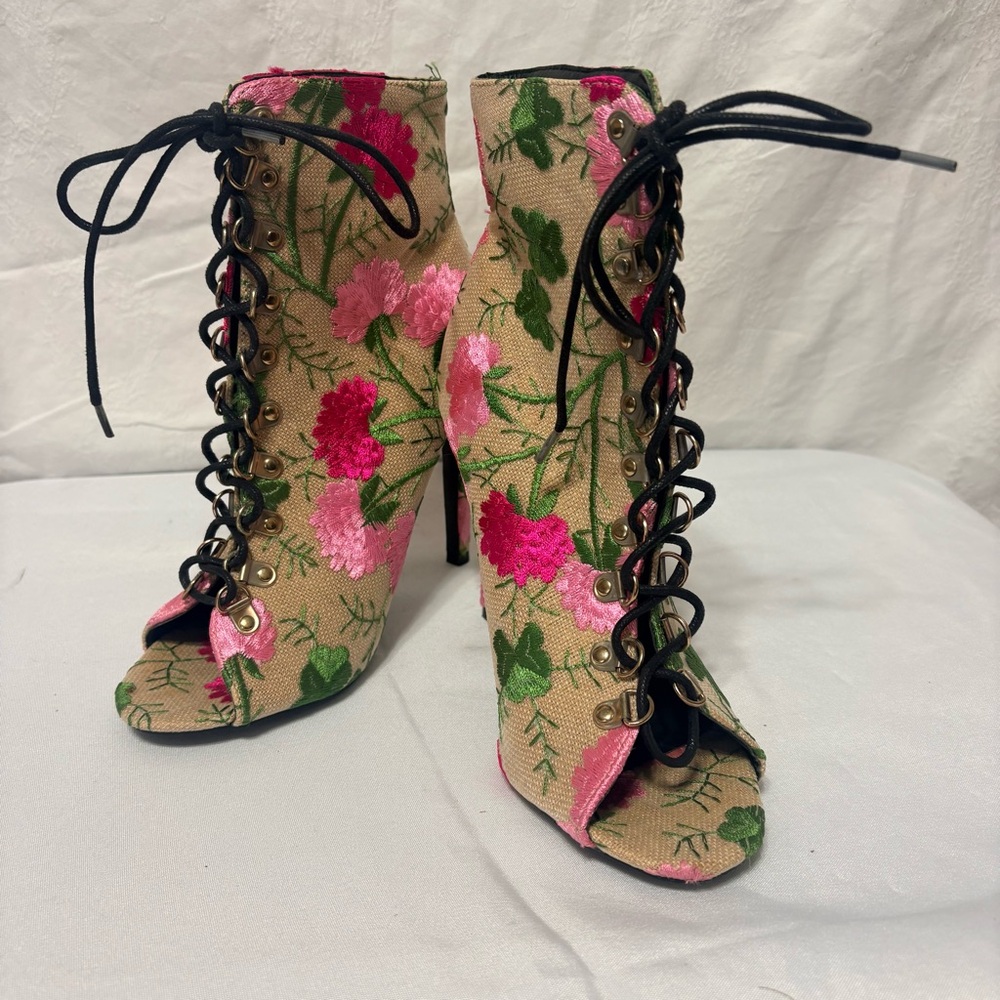 Floral Lace-Up Ankle Boots
